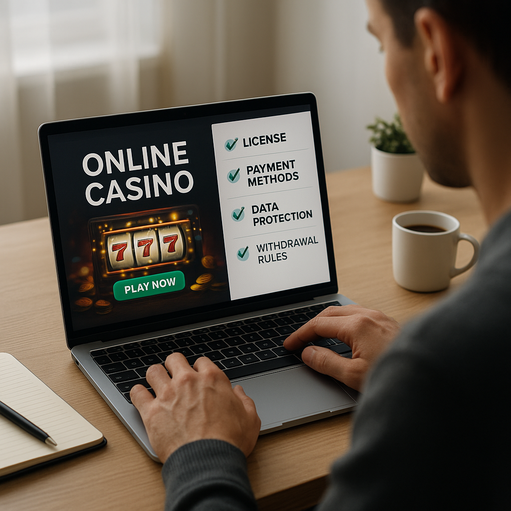 A person checks a new online casino’s license, payment options, data protection, and withdrawal